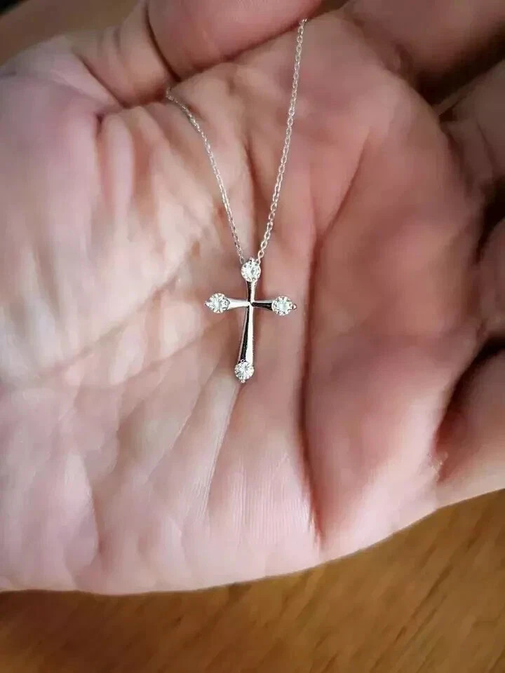 14k White Gold Plated 0.20 Ct Round Cut Lab Created Diamond Cross Shape Pendant