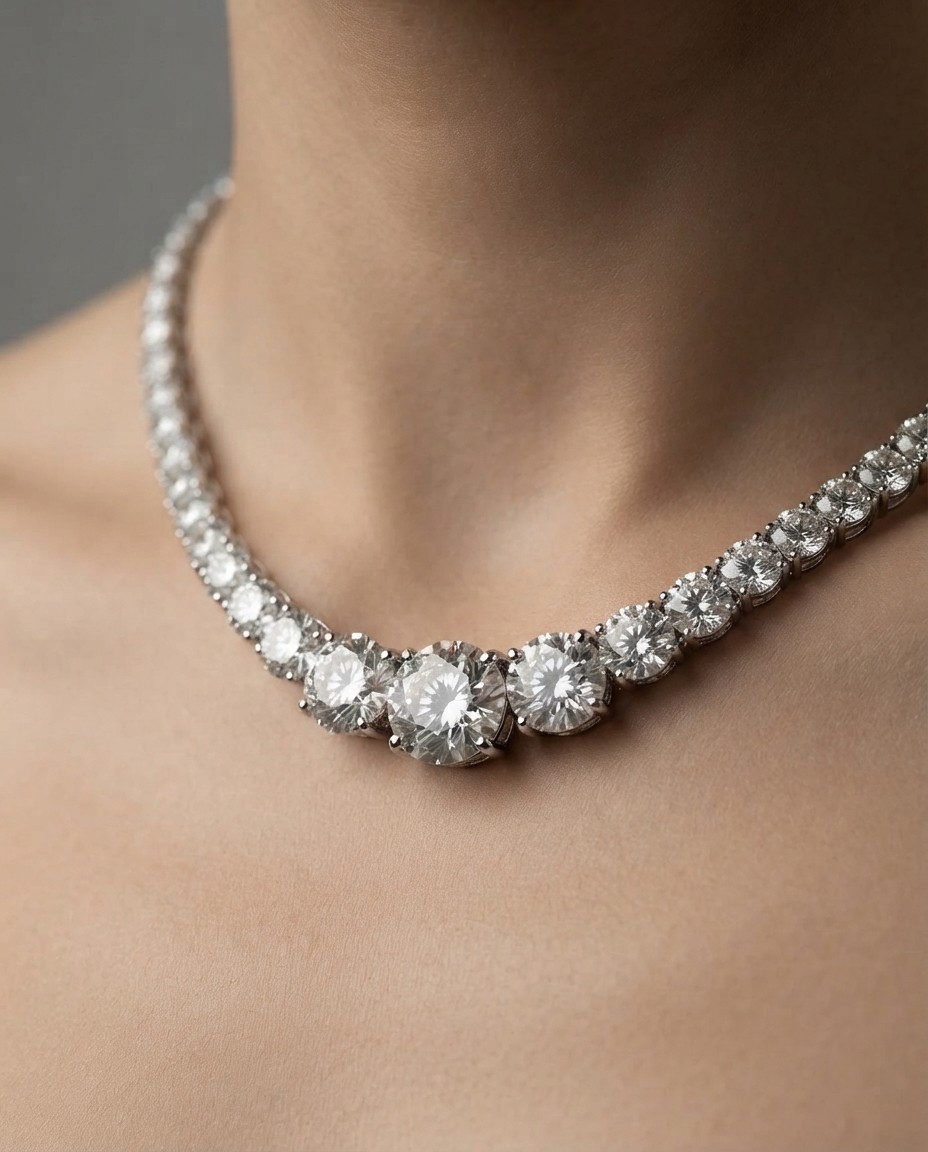 32.00Ct Graduated Moissanite Tennis Necklace, 14K White Gold Plated Round Cut
