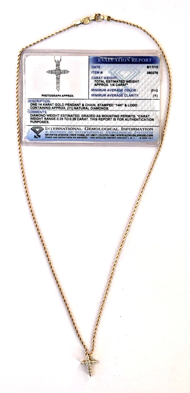 14 Karat Gold Diamond Cross Pendant & Chain Stamped 14K With IGI Summary Report