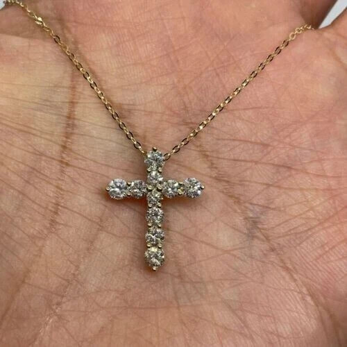 1.00Ct Lab Created Diamond Round Religious Cross Pendant 14K Yellow Gold Plated
