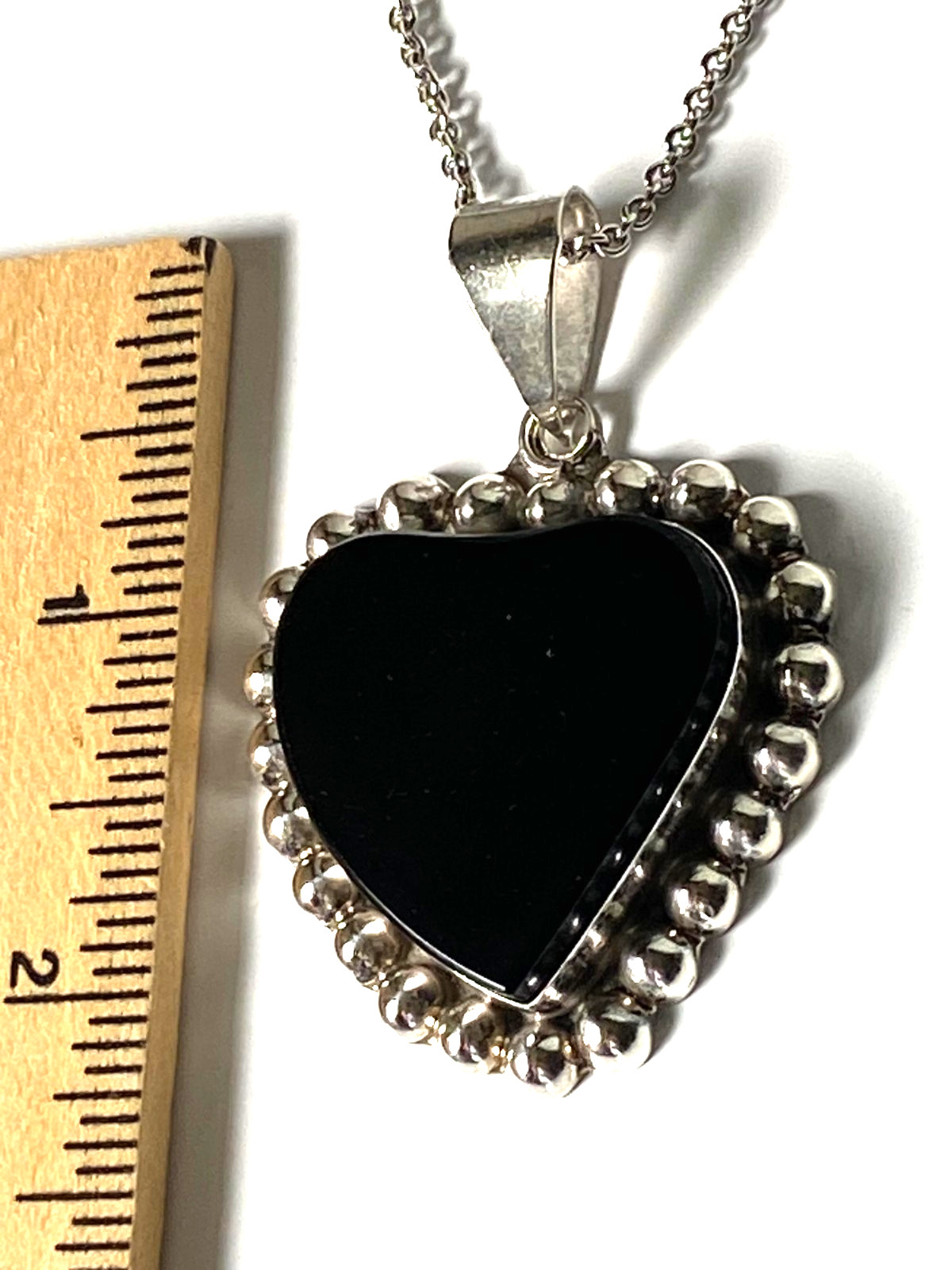 Large Mexico Sterling Silver Black Onyx Heart Pendant & 18″ Sterling Necklace