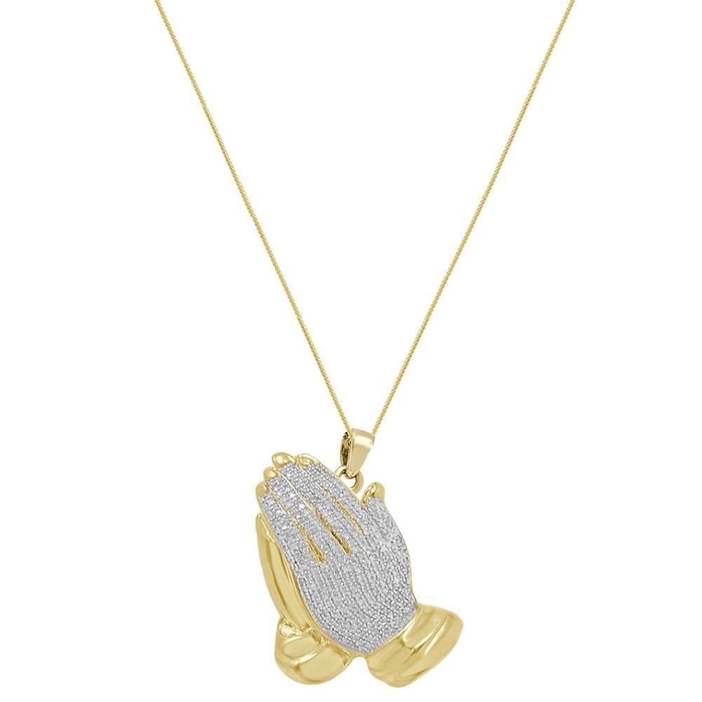Genuine Natural Diamond 0.30 Ctw. Praying Hands Cross Charm Pendant Small 1.10″