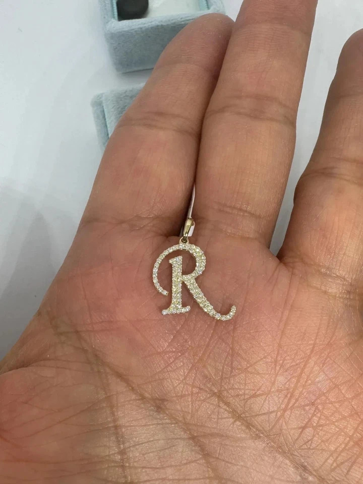 1Ct Round Cut Moissanite Name Starts With R Latter Pendant 14kYellow Gold Plated