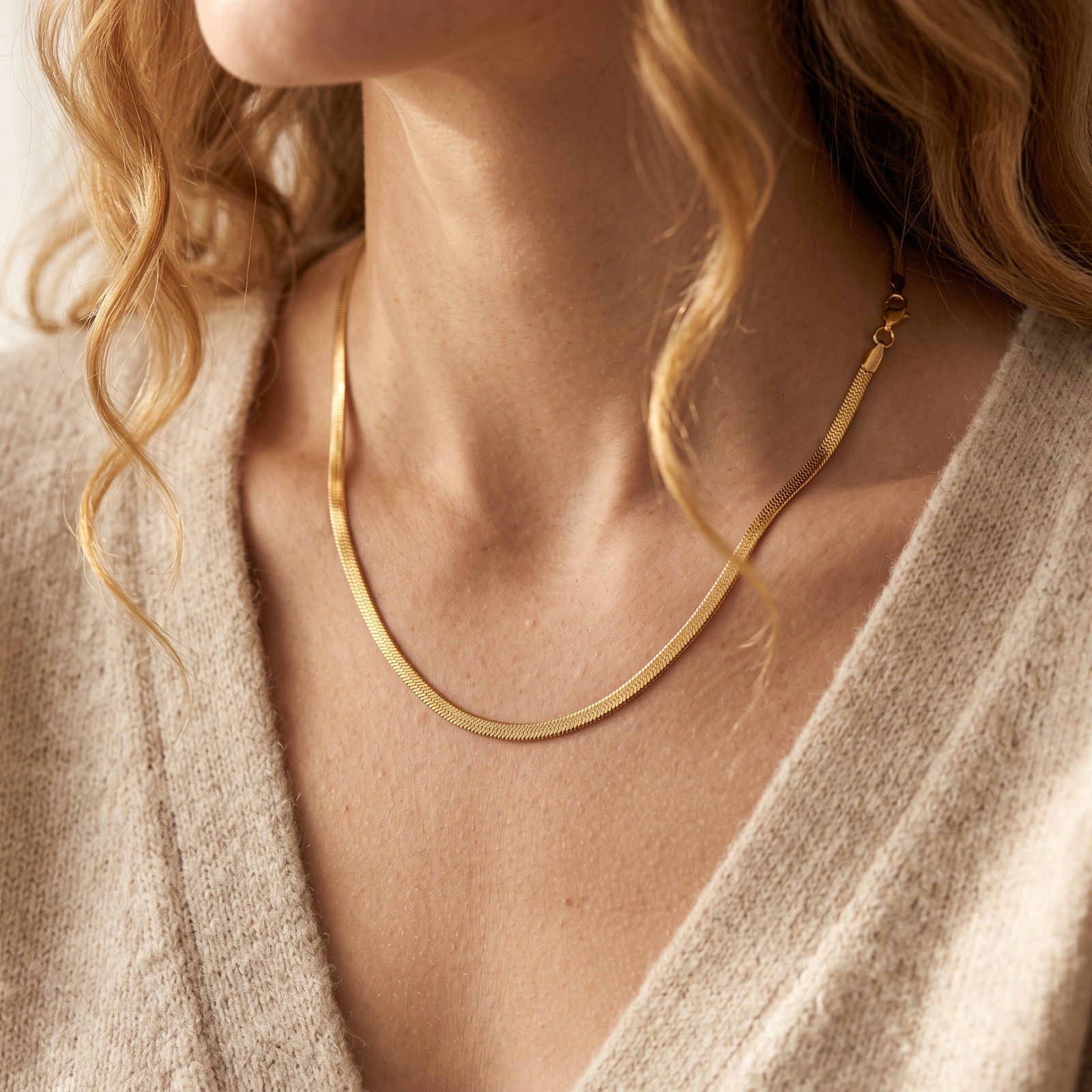 14K Gold Plated 925 Sterling Silver Flat Herringbone Snake Chain Necklace Women