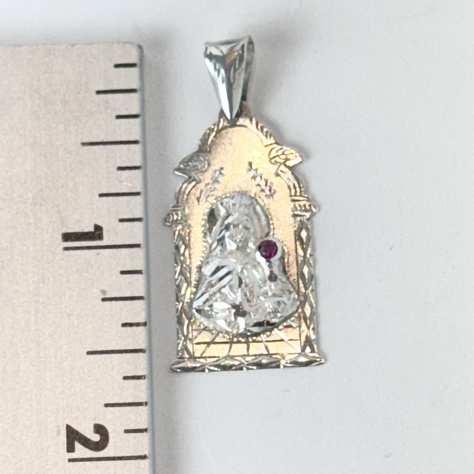 Sterling Silver 925 Santa Barbara 1 5/8in Pendant-Charm w/ Ruby / 3.5 Grams