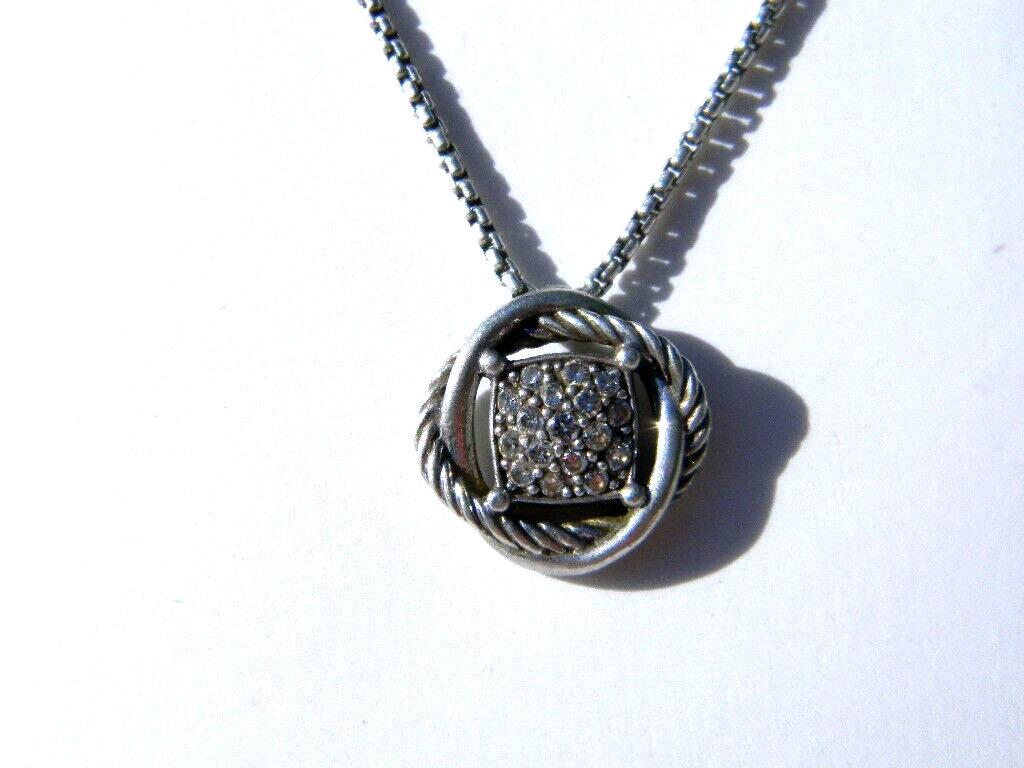 David Yurman Sterling Silver Pave Diamond Pendant Necklace 18”