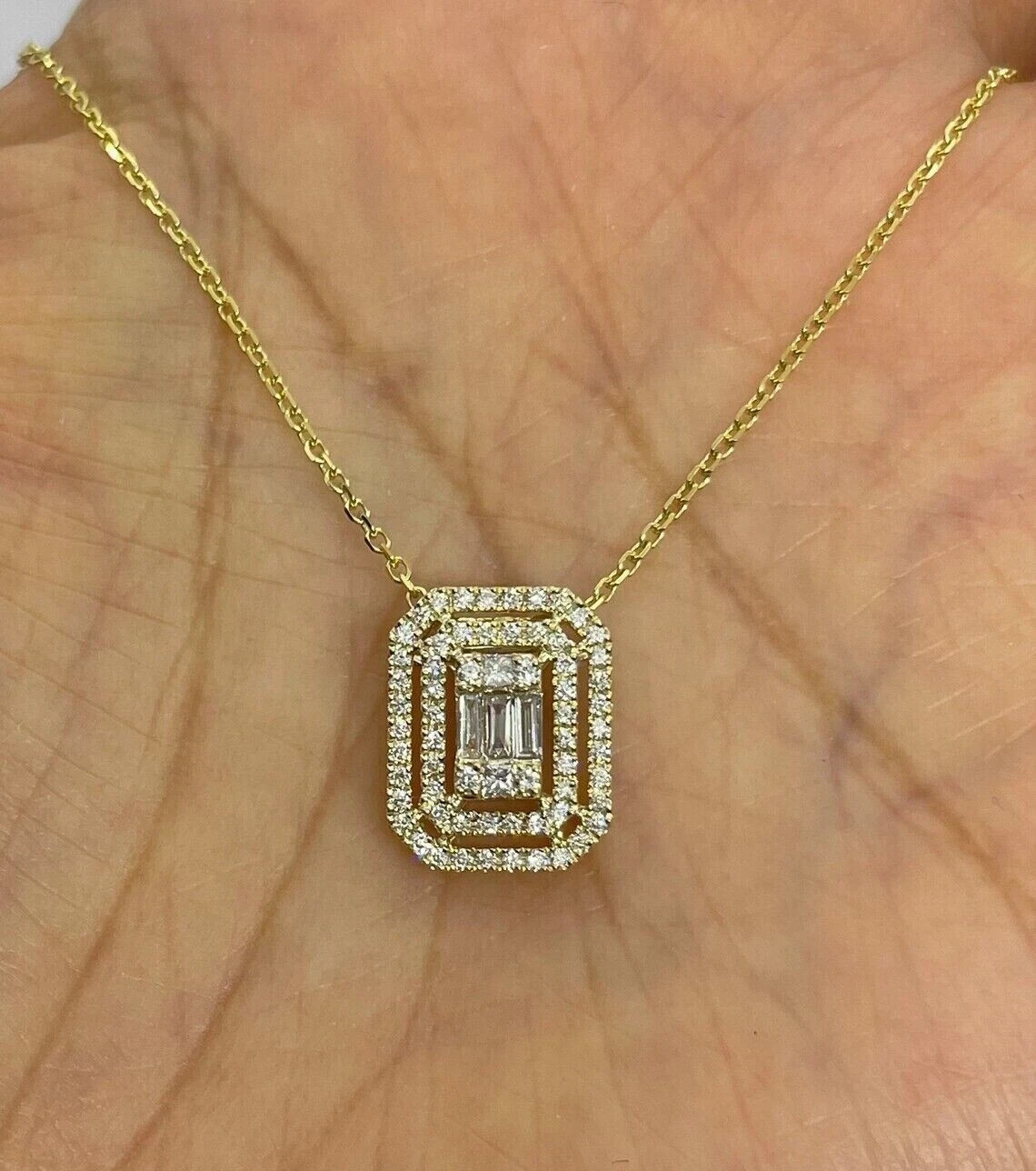 1.10Ct Baguette Diamond Cluster Pendant 14K Yellow Gold Plated 18″ Free Chain
