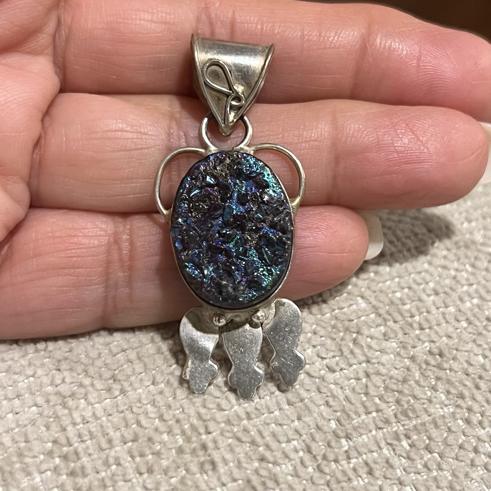 Vintage Sterling 925 Artisan Handcrafted Blue Purple Druzy Quartz Pendant