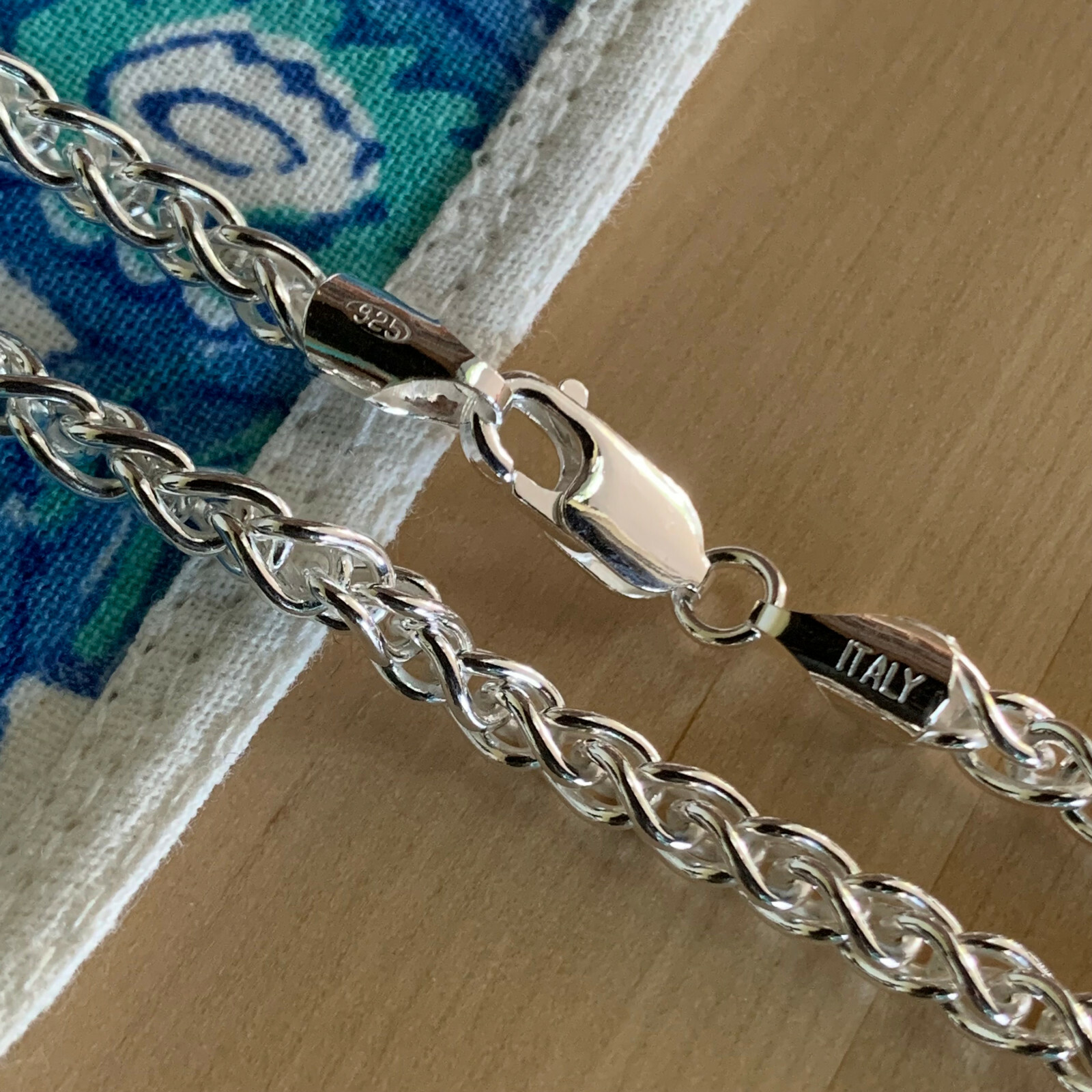 Real Solid Sterling Silver Wheat Spiga Rope Chain Necklace