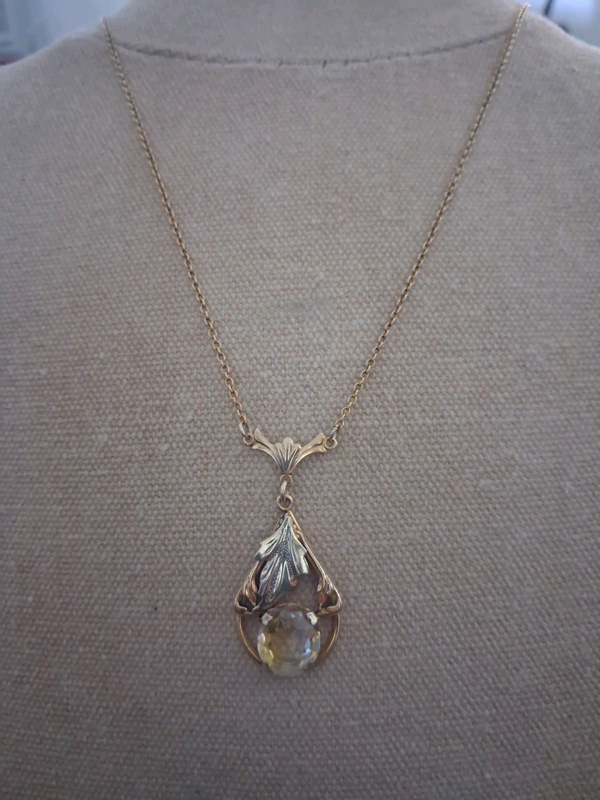 Art Deco 14k & 10k Yellow Gold Citrine Lariat Pendant Necklace 16″