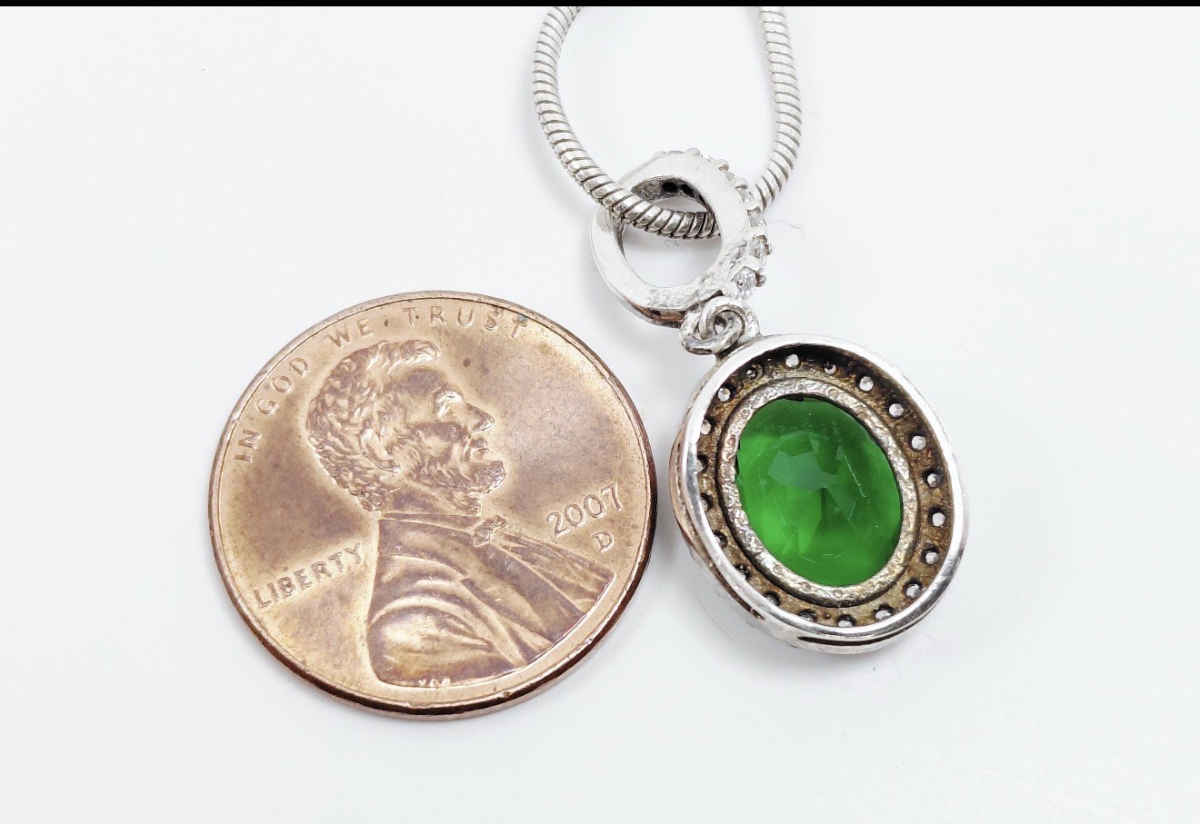 19” 925 Silver Green and clear cz oval pendant necklace