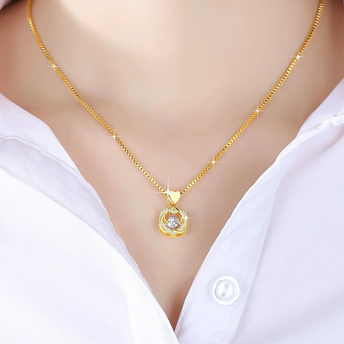 Luxury 24K Pure Gold Real Gold Women’S Collarbone Chain Smart Love Pendant Neck