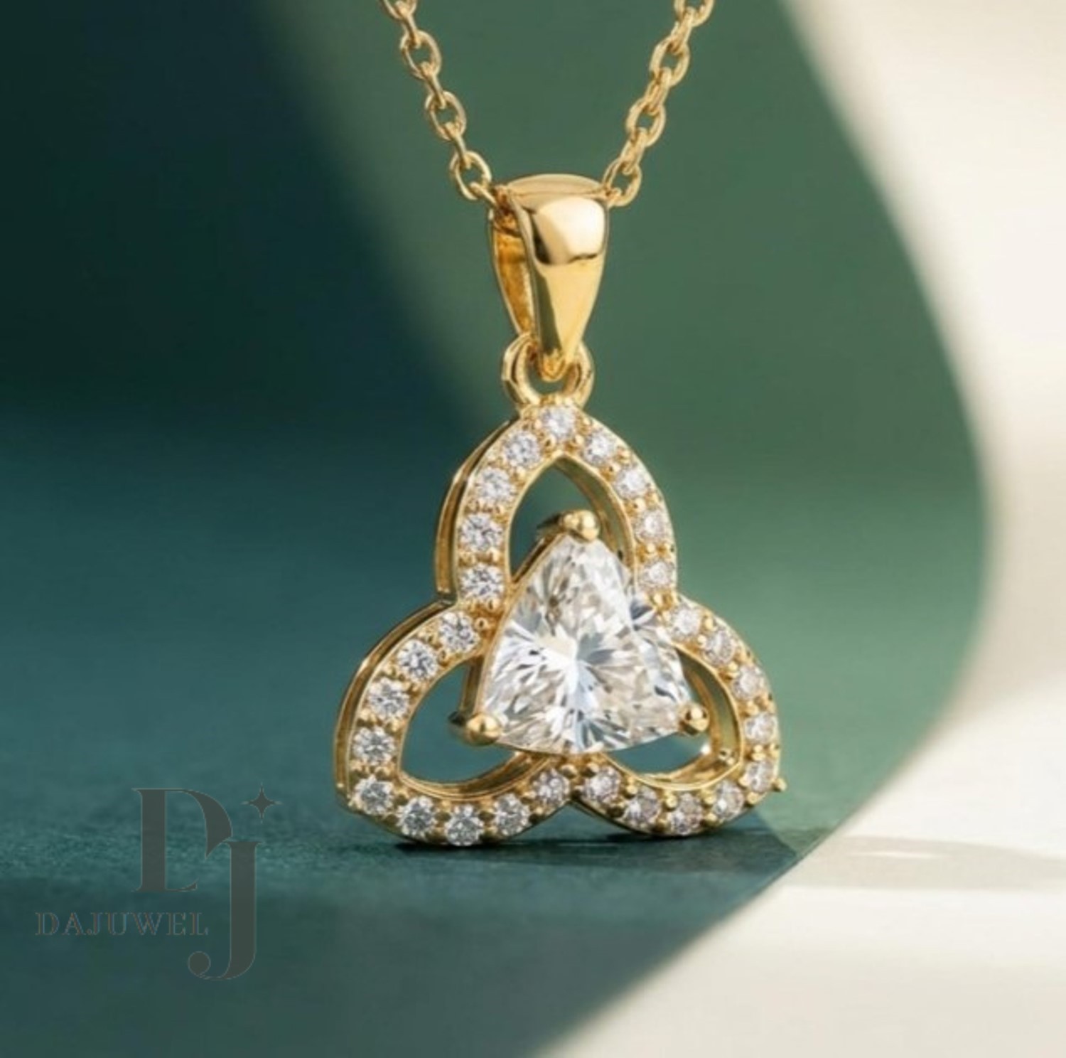 2.80 Carat Trillion Cut Moissanite Floral Wedding Pendant Solid 14K Yellow Gold