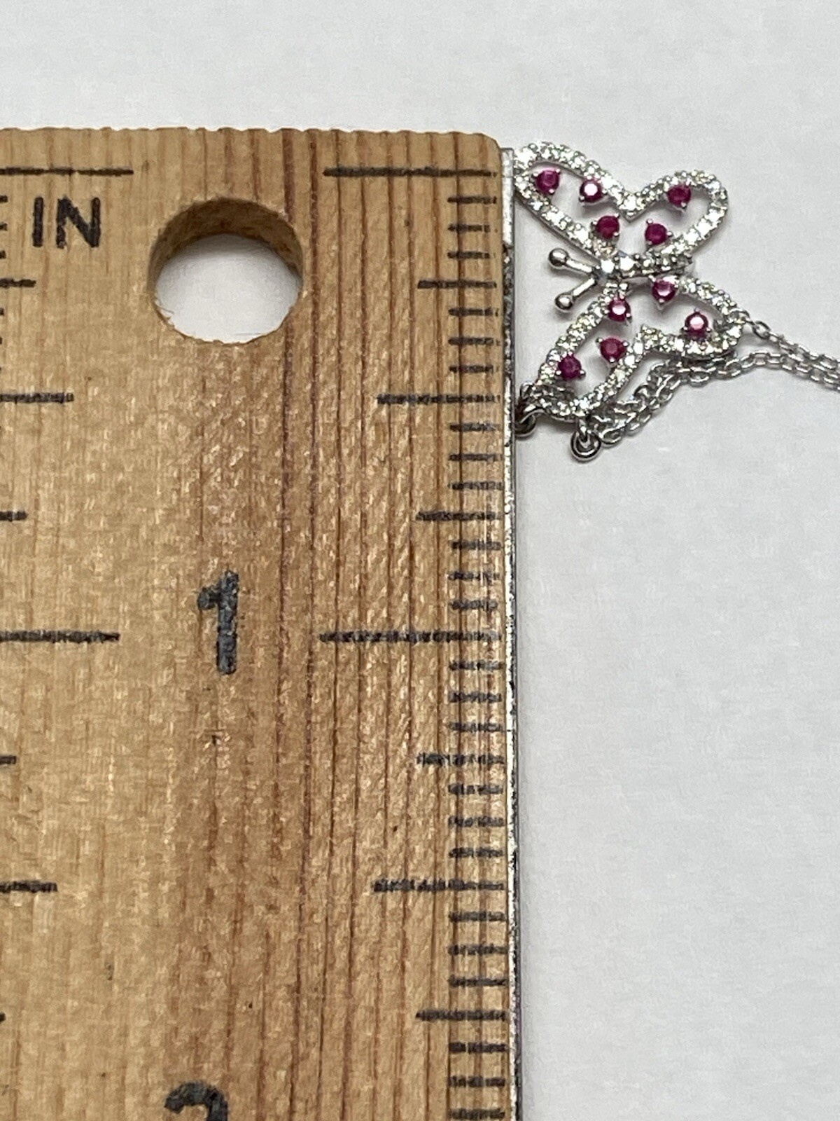 10K White Gold Natural Ruby and 0.20ct Diamond Butterfly Pendant and Chain NEW