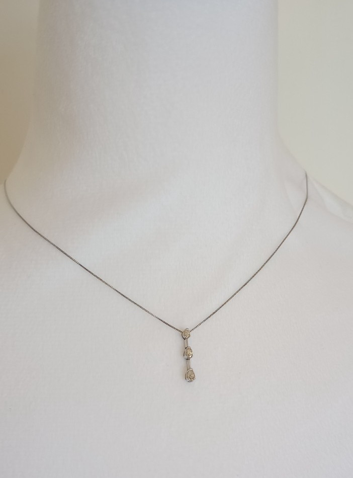 14K White Gold 3 Diamond Drop Necklace Pendant 585 Italian Gold Box Chain 24mm