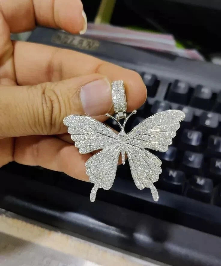1.50Ct Round Cut Real Moissanite Butterfly Charm Pendant 14K White Gold Plated