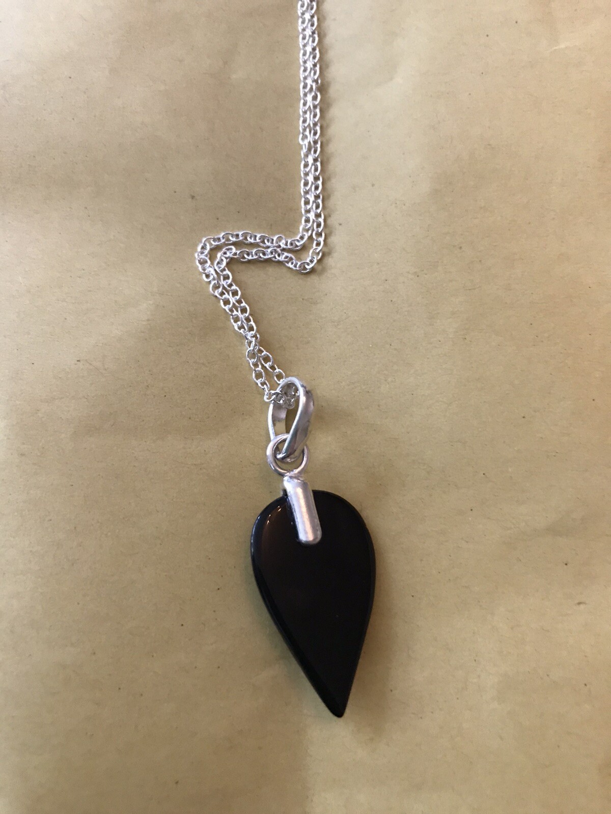 Black Onyx Modernist 925 Silver Pendant and Chain 20”.Leaf Design.UK SELLER.NEW