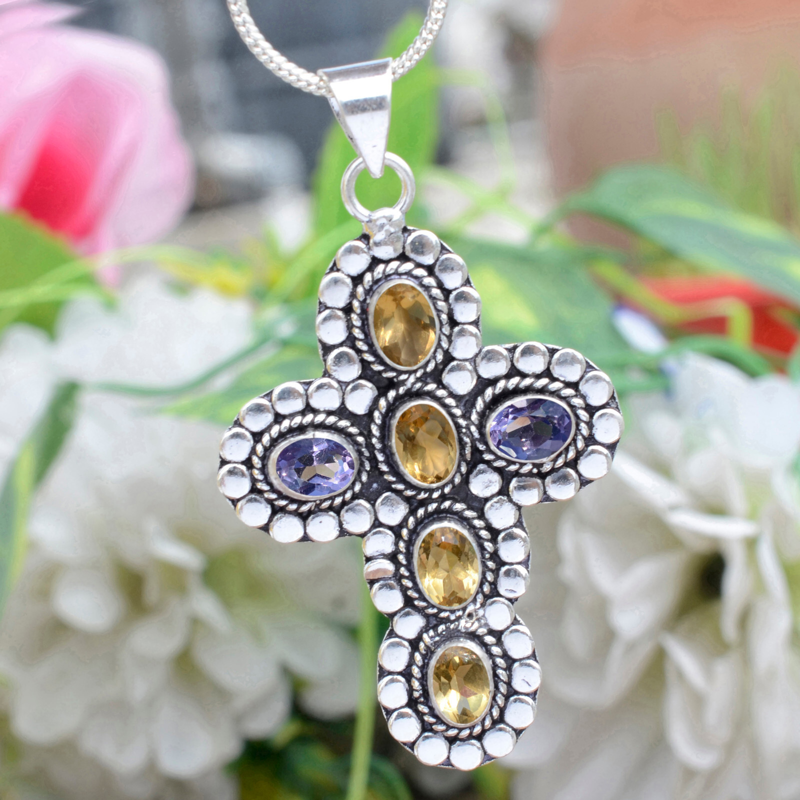 Citrine Topaz Amethyst Cut Gemstone Cross 925 Sterling Silver Beauty Art Pendant