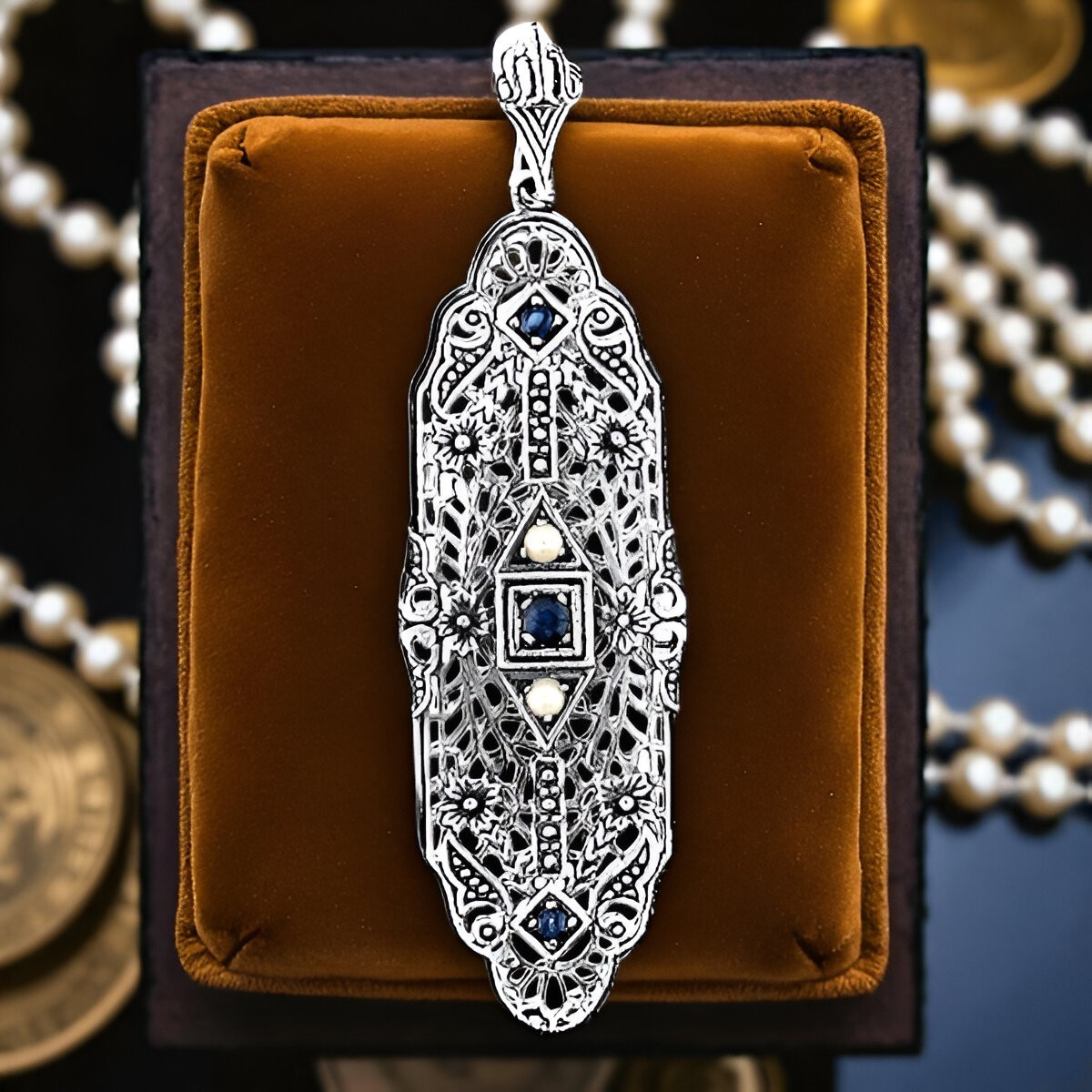 GENUINE SAPPHIRE PEARL CLASSIC ART DECO STYLE 925 STERLING SILVER PENDANT #092