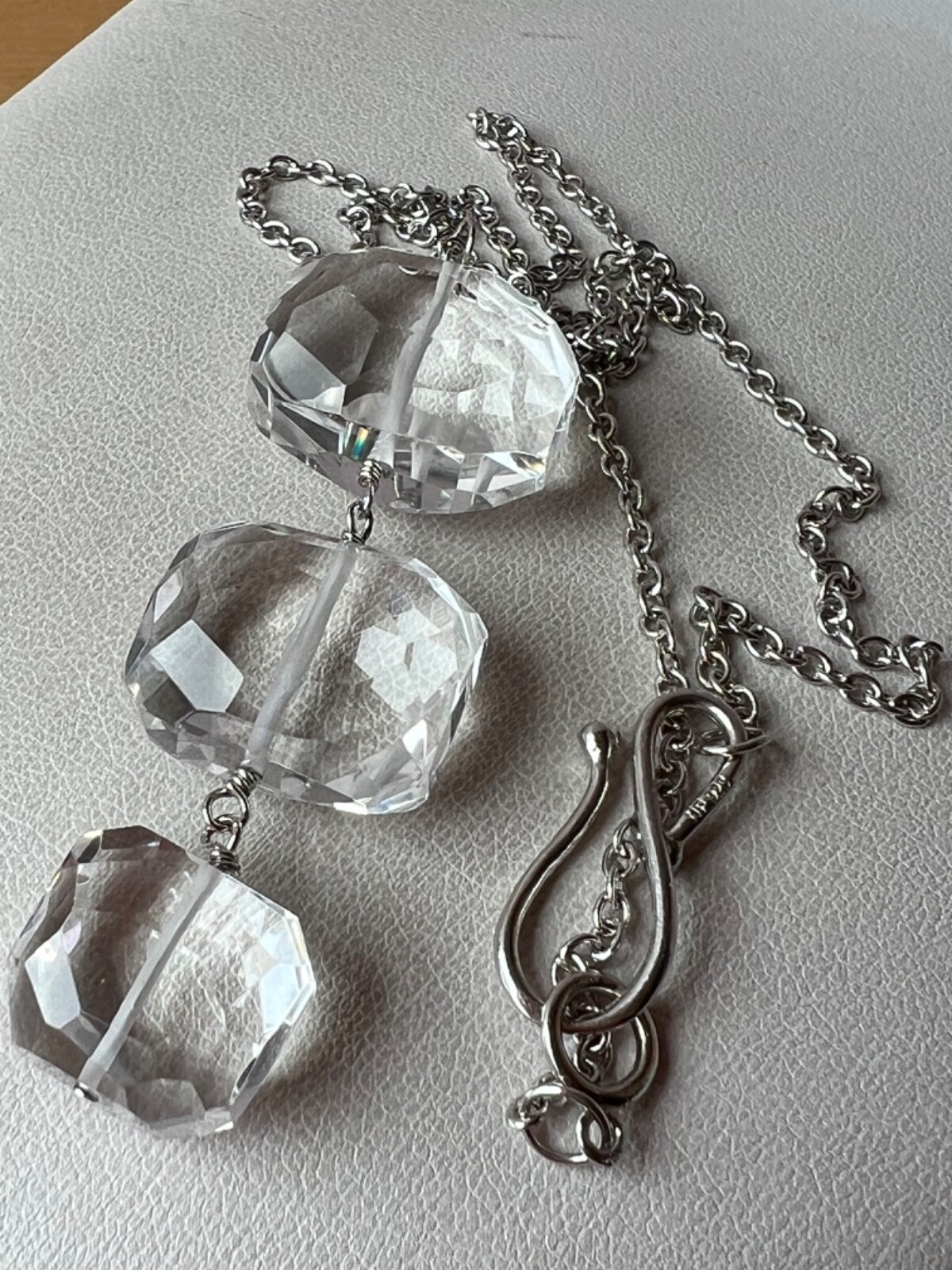 ARTISAN ROCK CRYSTAL CLEAR COLORLESS QUARTZ LONG NECKLACE 925 STERLING DESIGNER