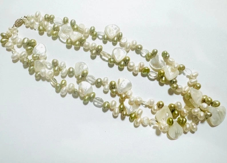 Coastal Chic 14K Gold Mother of Pearl Quartz Freshwater Pearl 2 Strand Necklace