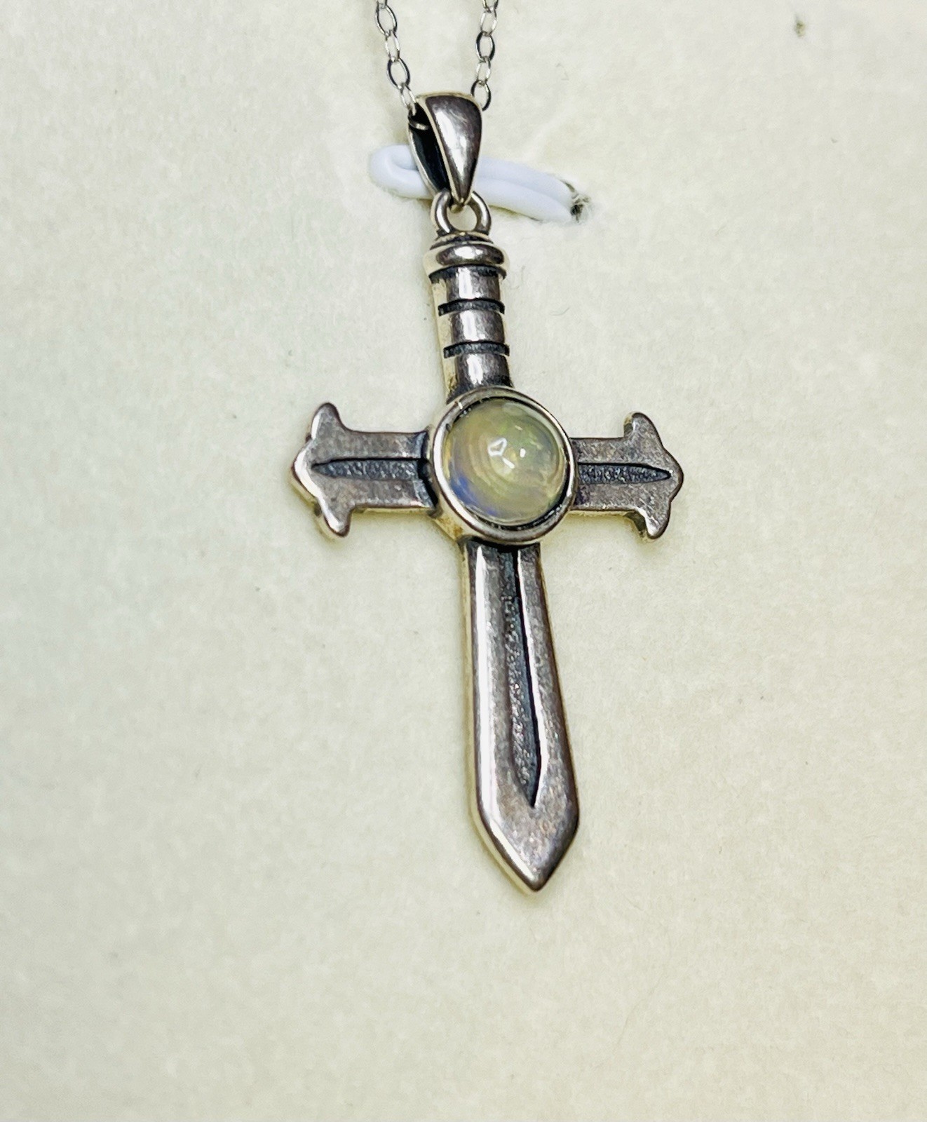 925 Sterling Silver Natural Rainbow Opal Sword Cross Pendant Necklace Unisex Man