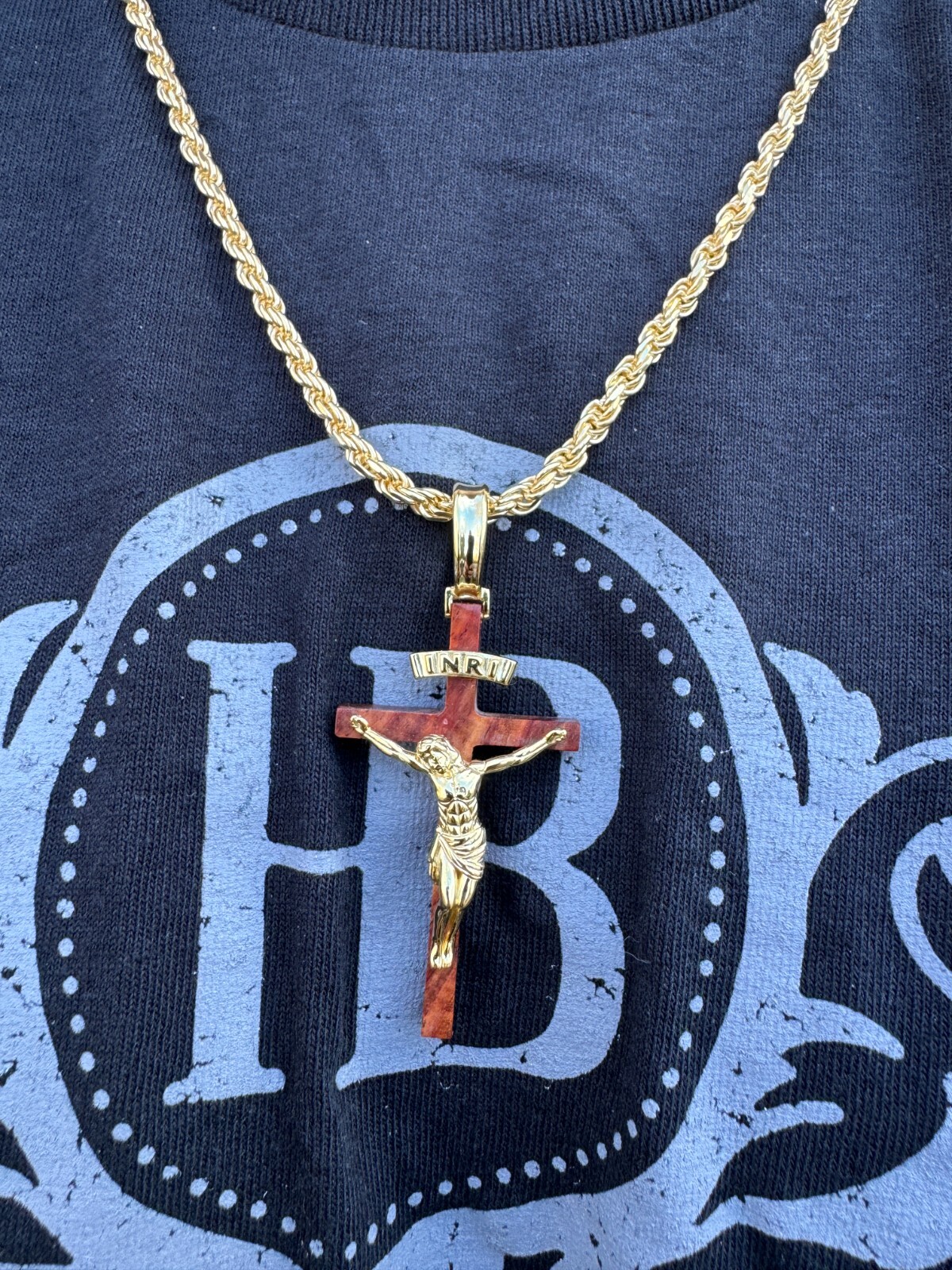 Mens Real 925 Silver & Red Cherry Walnut Wood Jesus On Cross Pendant Necklace 2″