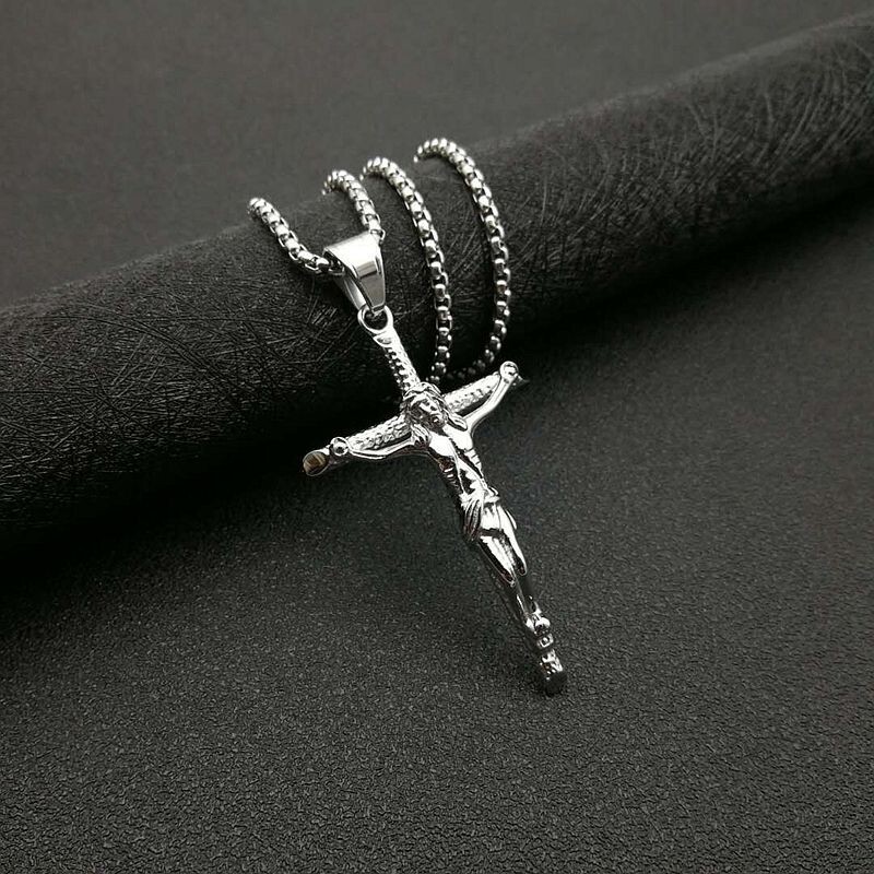 Small Stainless Steel Crucifix Cross Charm with Jesus Pendant Necklace 24″ Chain
