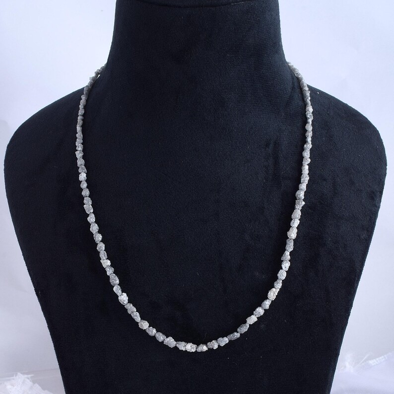 Natural Rough Gray Diamond Nuggets Beaded Necklace 925 Sterling Silver Gift 18″