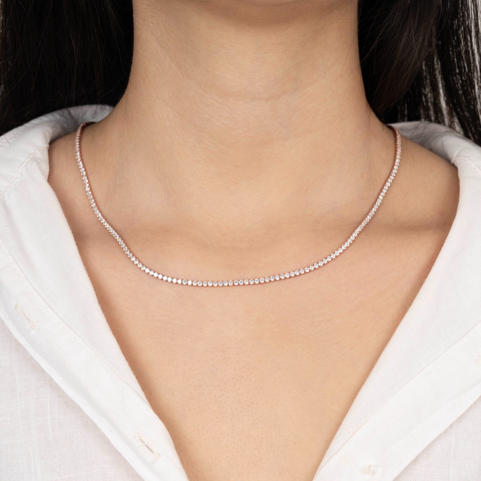 14k Gold Diamond Tennis Necklace, 3mm Round Diamond Tennis Necklace Women Her