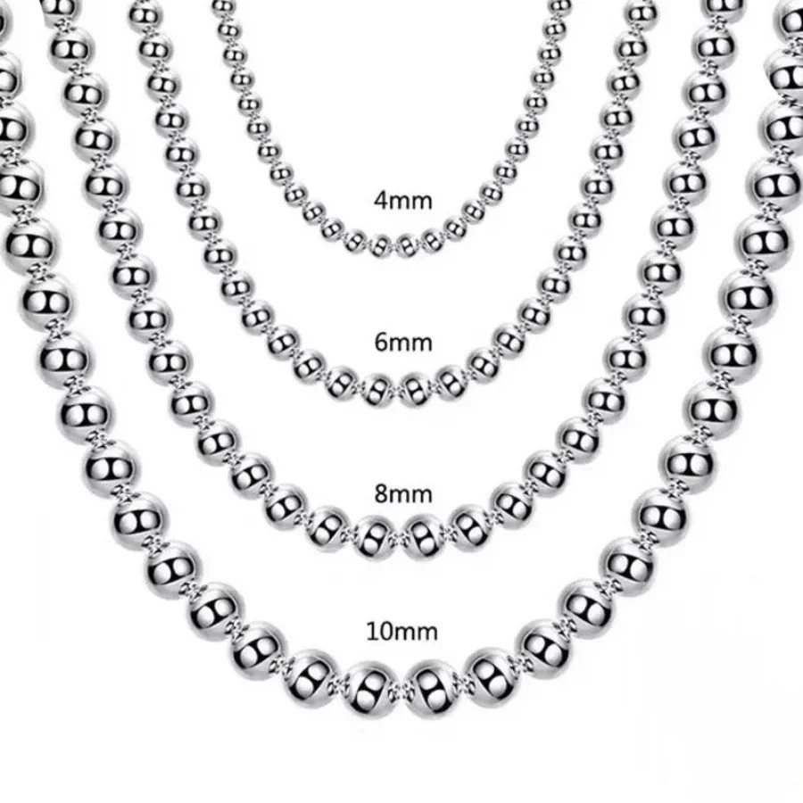 925 Sterling Silver Smooth Beads Ball Chain Necklace 4MM/6MM/8MM/10MM Jewelry