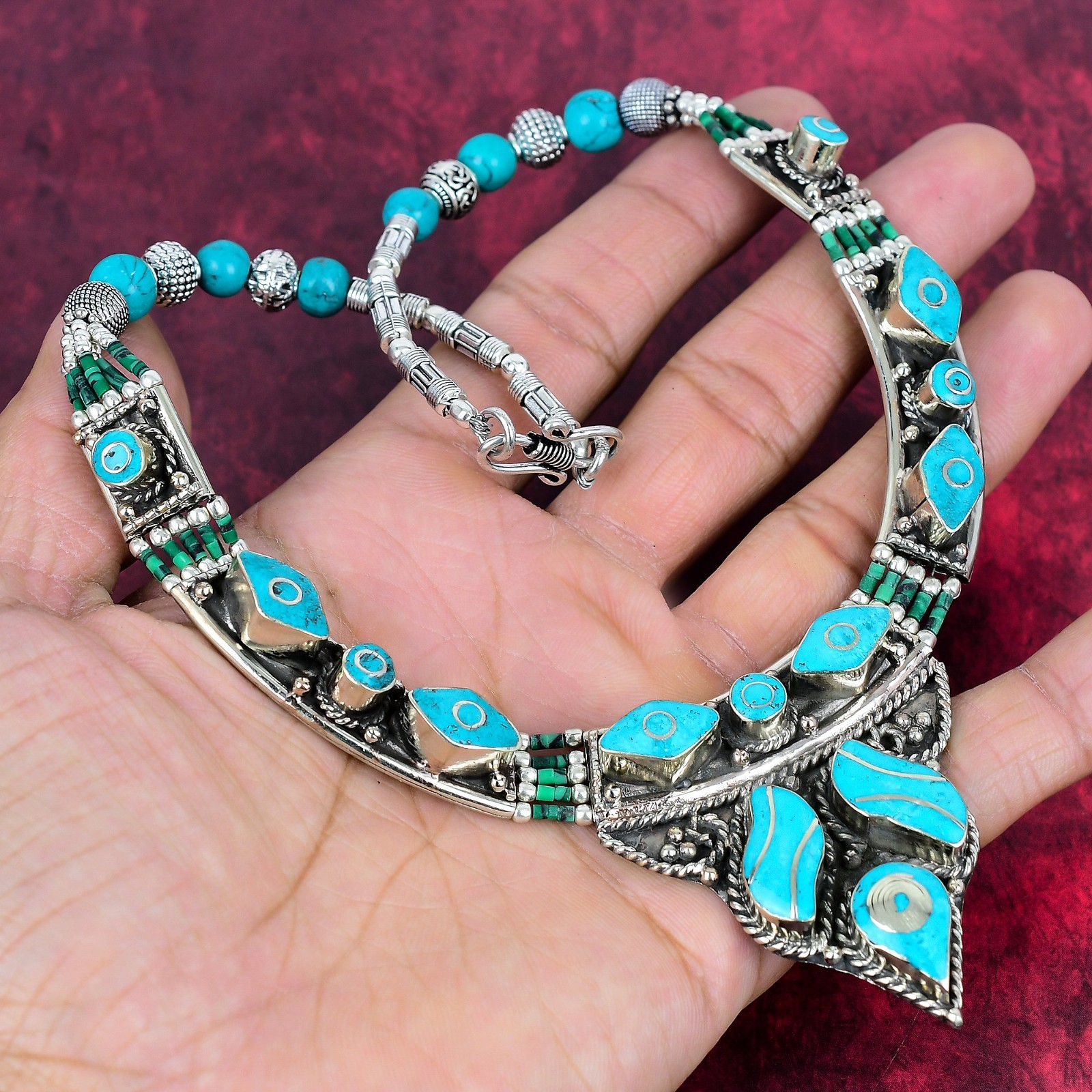 Blue Turquoise Gemstone Handmade 925 Sterling Silver Jewelry Nepali Necklace