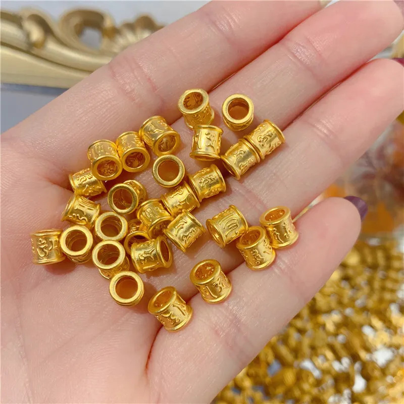 1pcs Pure 999 24K Yellow Gold Women 3D Lucky Six Words Long Tube Bead Pendant