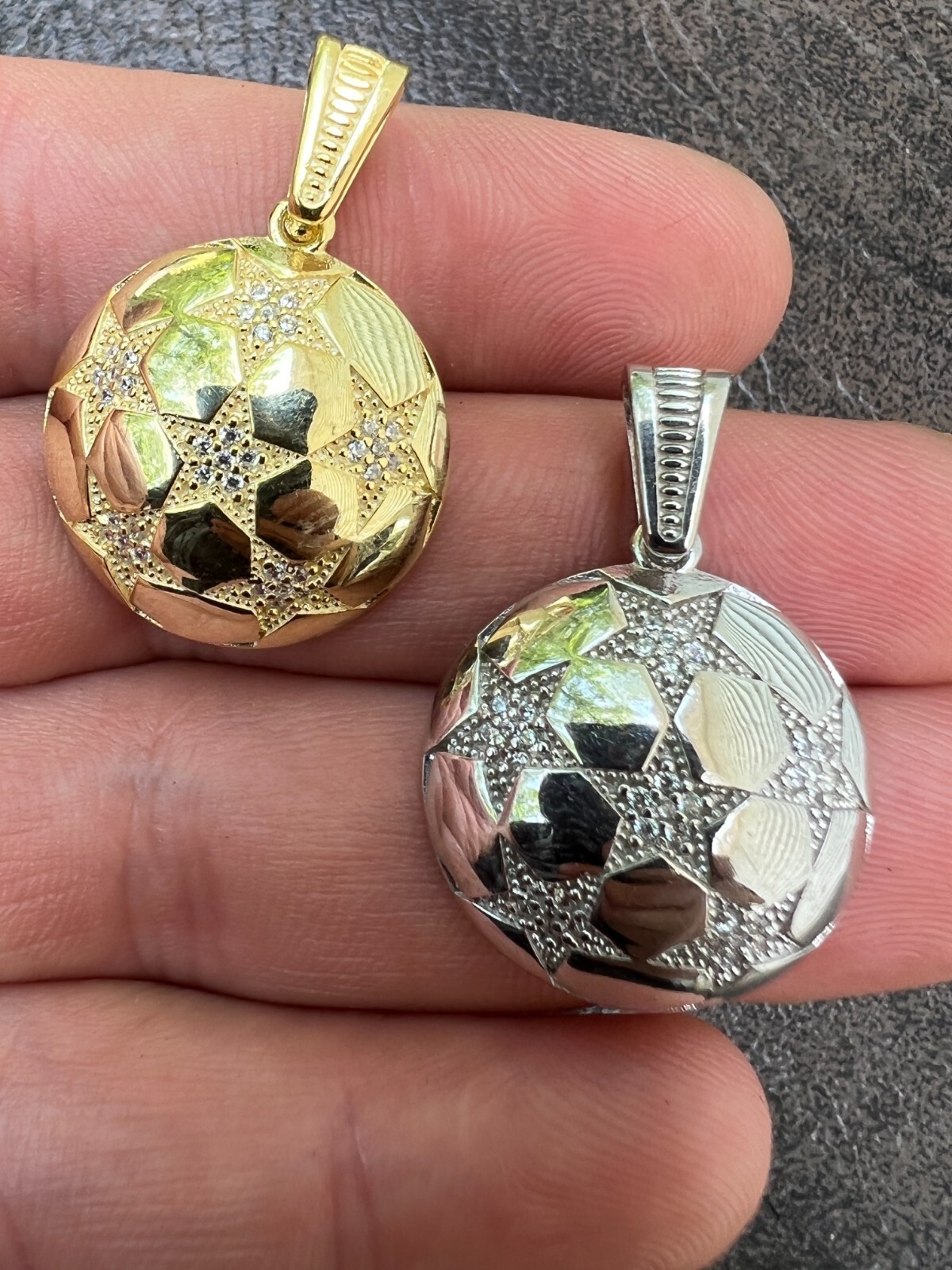 Real 925 Silver 14k Gold Plated Soccer Ball Futbol Star Pendant Necklace Icy CZ