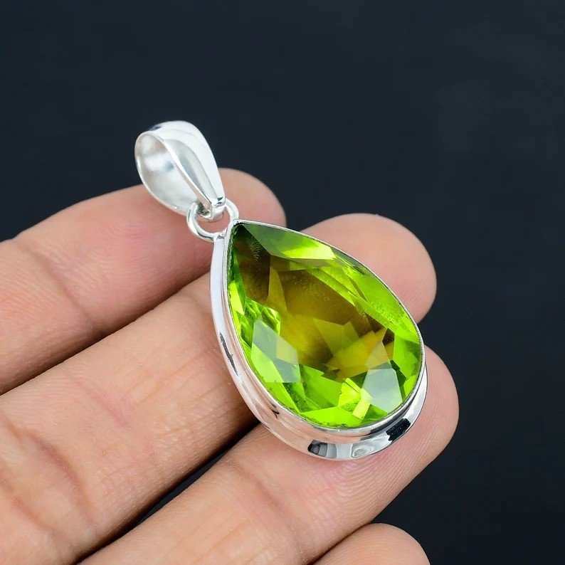 Handmade Green Peridot Pear Gemstone Pendant: 925 Sterling Silver Jewelry