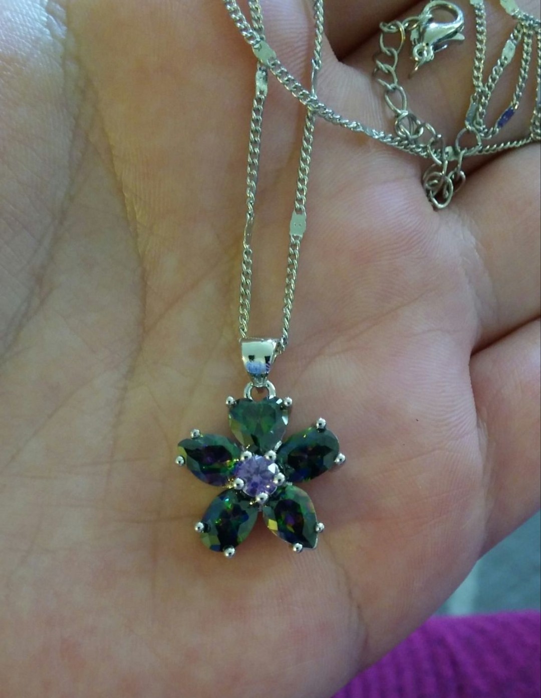 Sterling Silver 925 Mystic Topaz/Amethyst Heart Cut Flower Pendant Necklace Set!