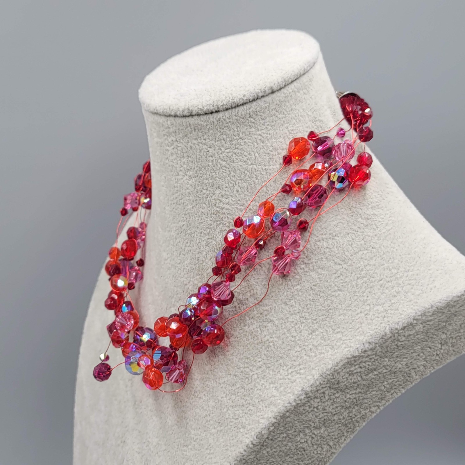 Sterling Silver Necklace 925 Red Glass Bead Layered Wire Multistrand 18″ adj