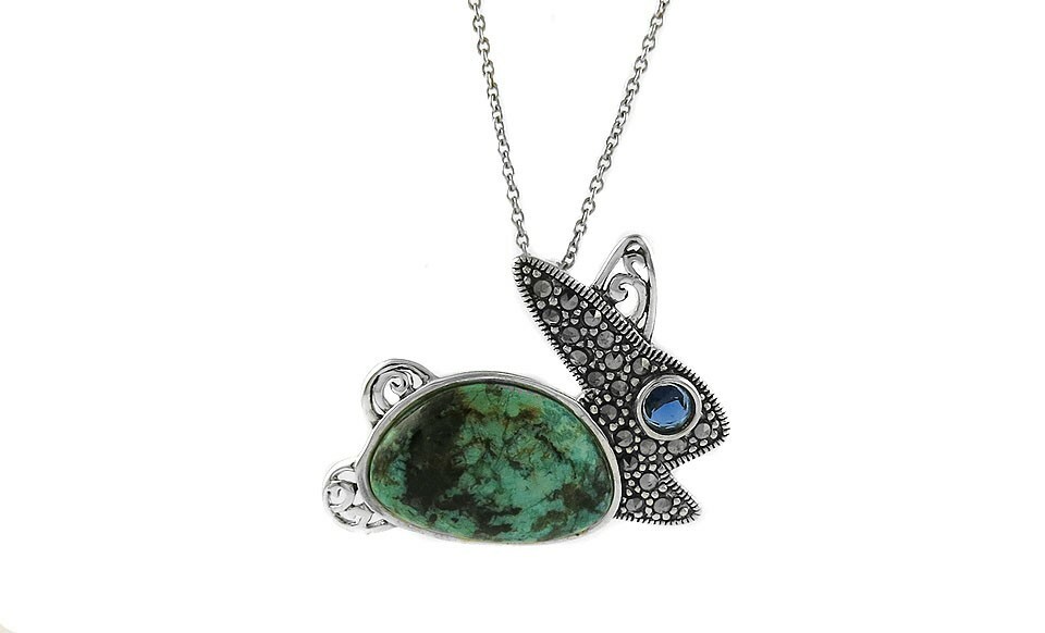 925 Sterling Silver Genuine Marcasite Turquois Squirrel Pendant Necklace – 18″