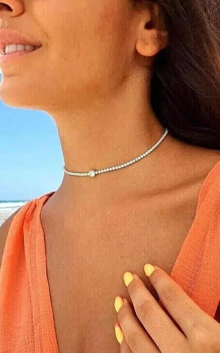 12 Ct Round Cut Real Moissanite Pure 925 Sterling Silver Tennis Choker Necklace