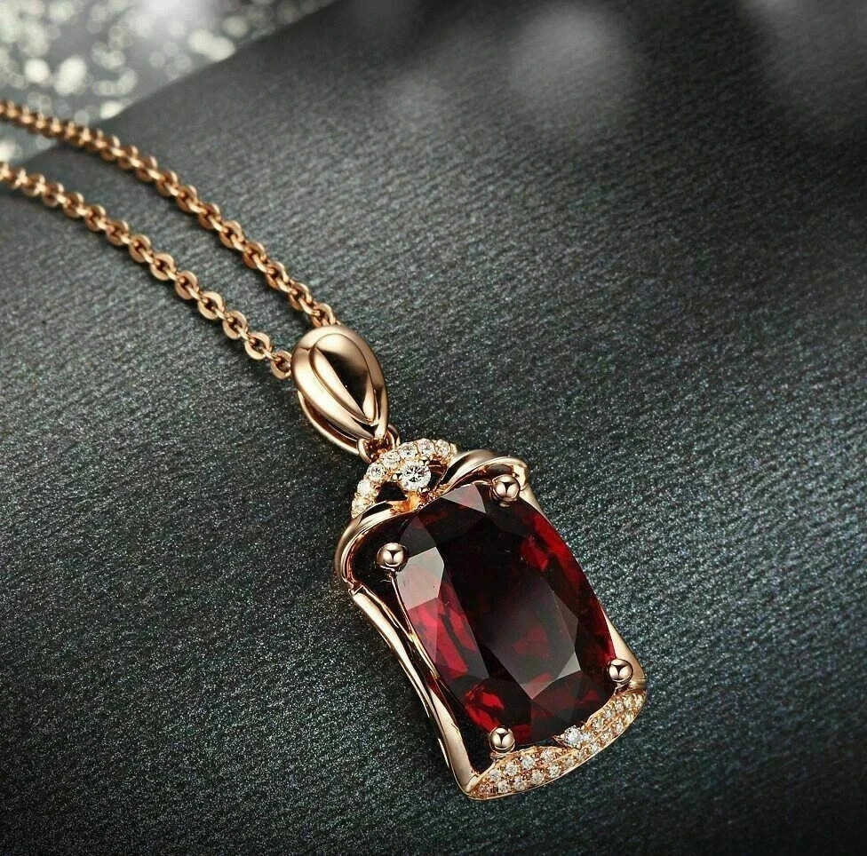 3CT Oval Lab Created Red Ruby Diamond Women’s Chain Pendant 14k Rose Gold Plated