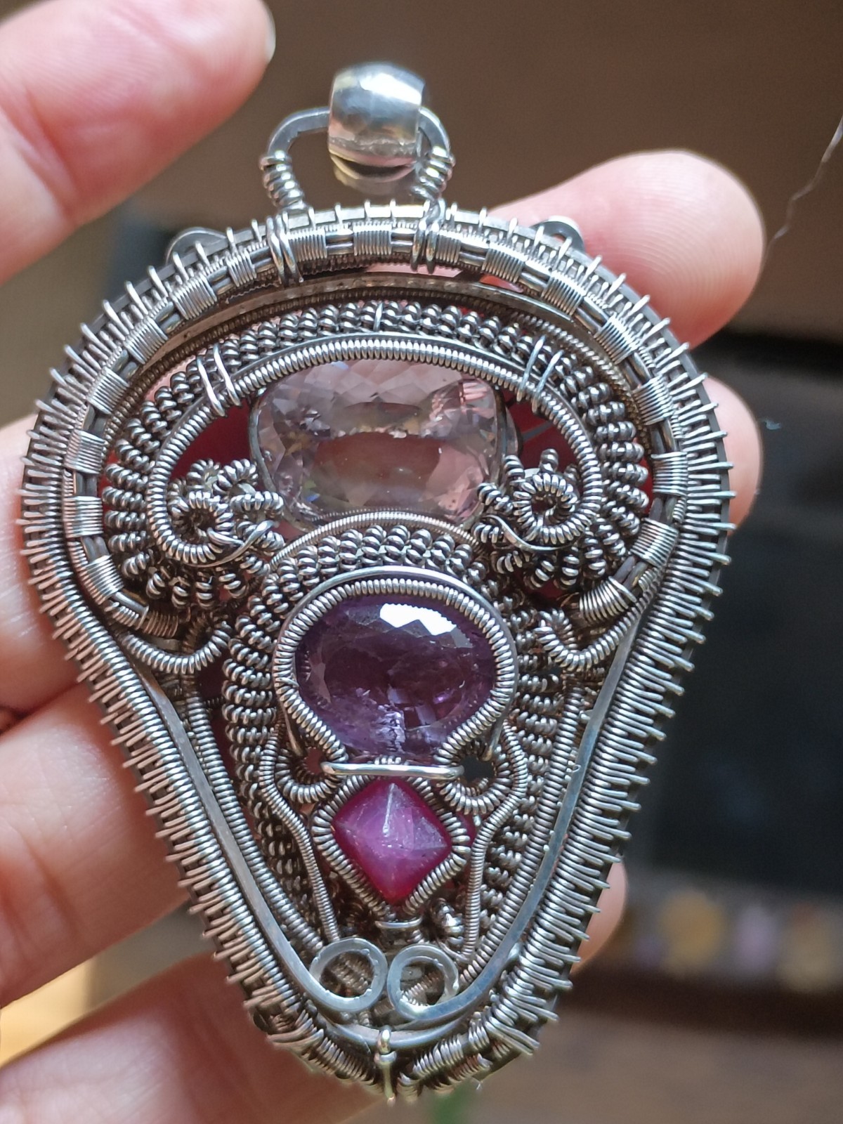 Amethyst Spinel Rose De France “Light Shield” Pendant Statement Wirewrap Art 925
