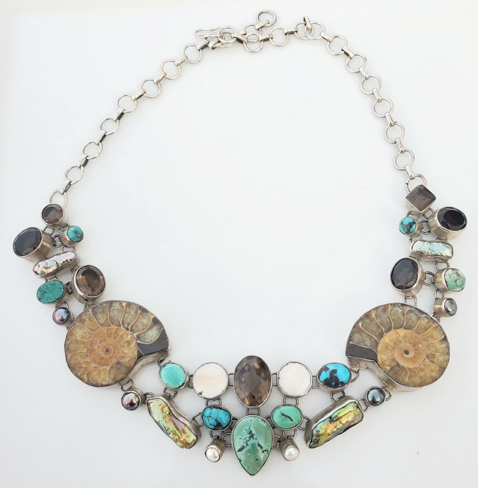 925 Silver Statement Necklace & Bracelet Turquoise Smokey Quartz Fossil Pearl