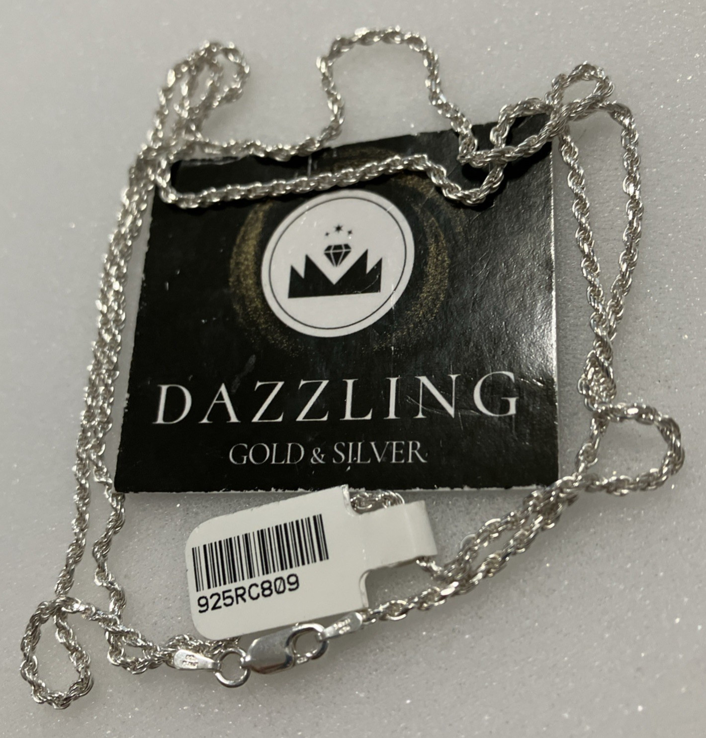 925 Sterling Silver Italy Rope Chain 8.1grams 2mm 26” New with Tag. Dazzling