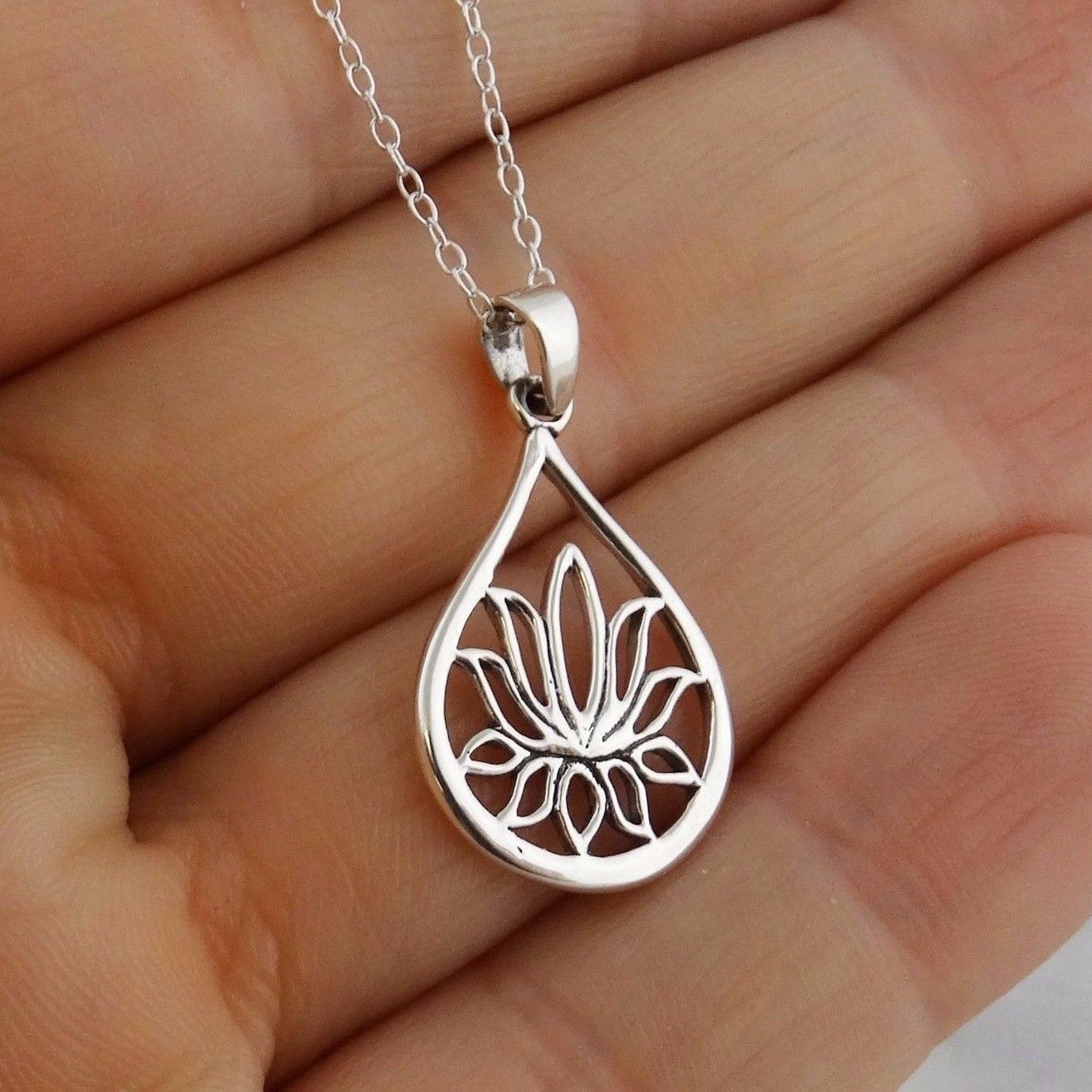 Teardrop Lotus Flower Necklace – 925 Sterling Silver -Yoga Enlightenment Rebirth