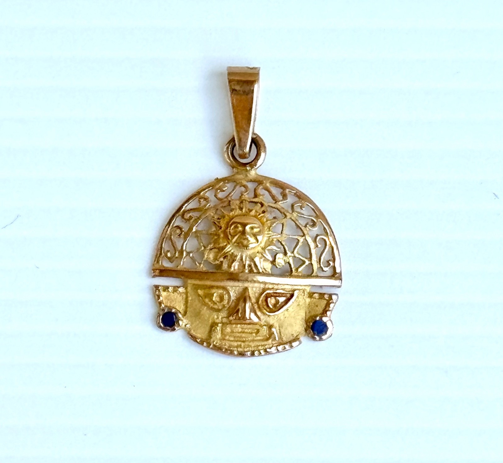18K Gold Peru Face Sun Pendant Handmade Blue Enamel Accents