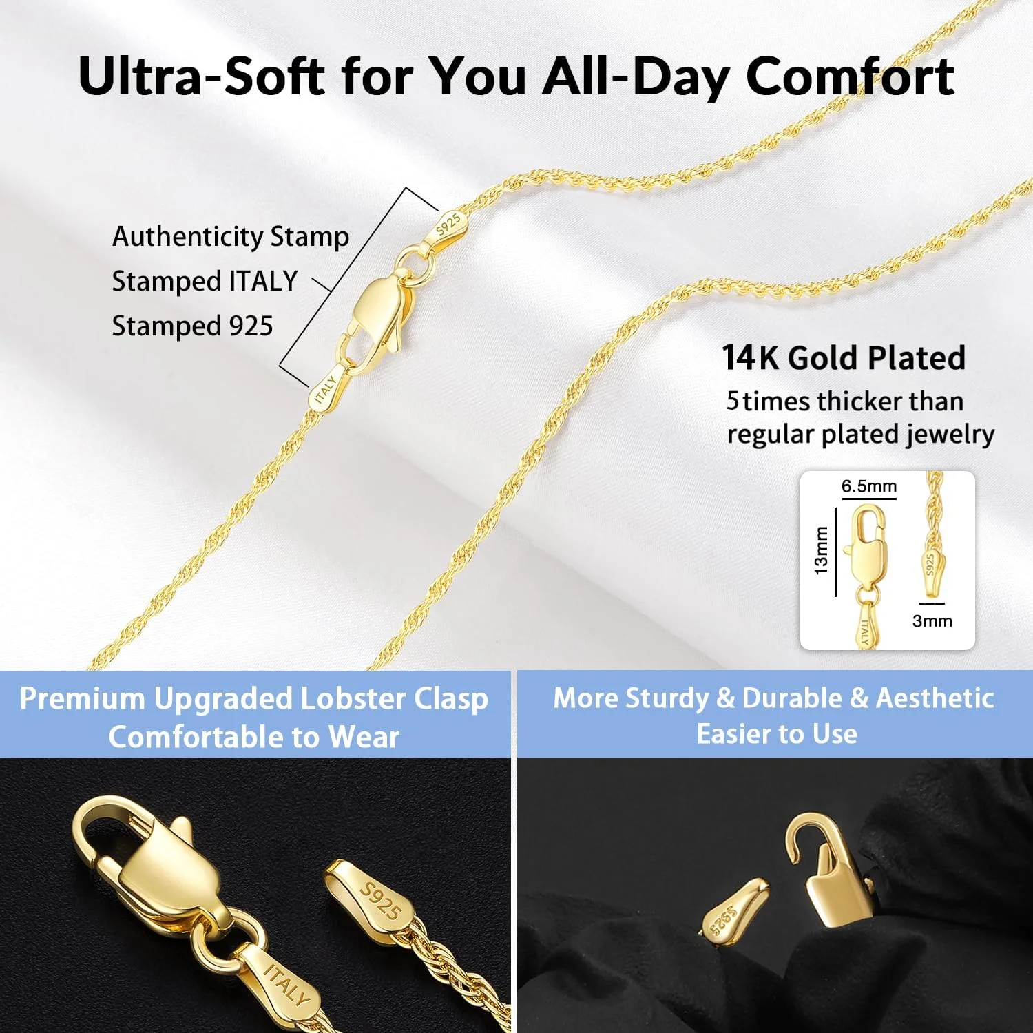 2mm Rope Chain 925 Sterling Silver Chain Necklace for Women, 14K Gold Plated Cha