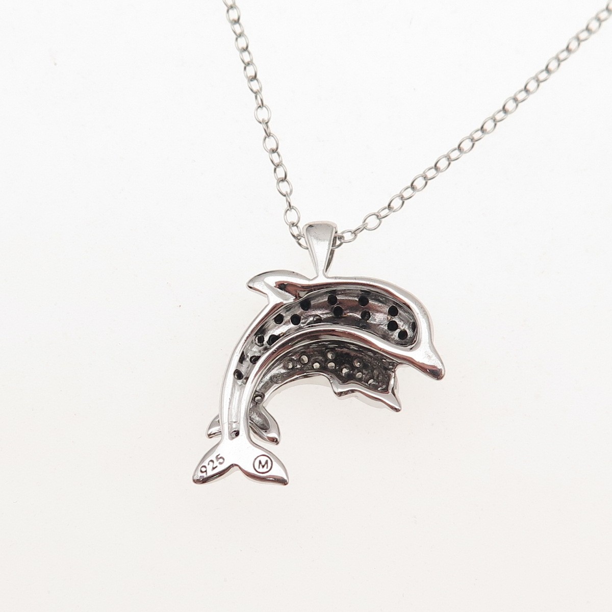 925 Sterling Silver Real Black & White Diamond Dolphin Cable Chain Necklace 18″