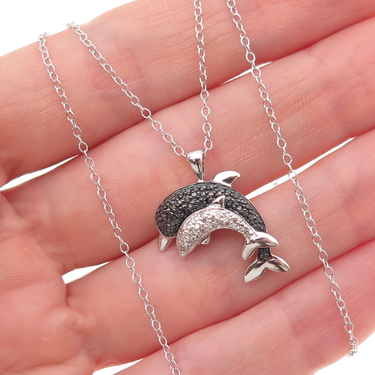 925 Sterling Silver Real Black & White Diamond Dolphin Cable Chain Necklace 18″