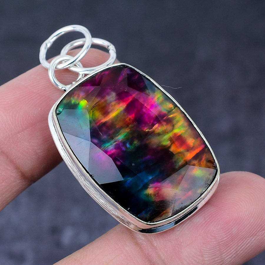 Natural Ammolite Gemstone Handmade 925 Sterling Silver Gift Pendant 1.89″ q775