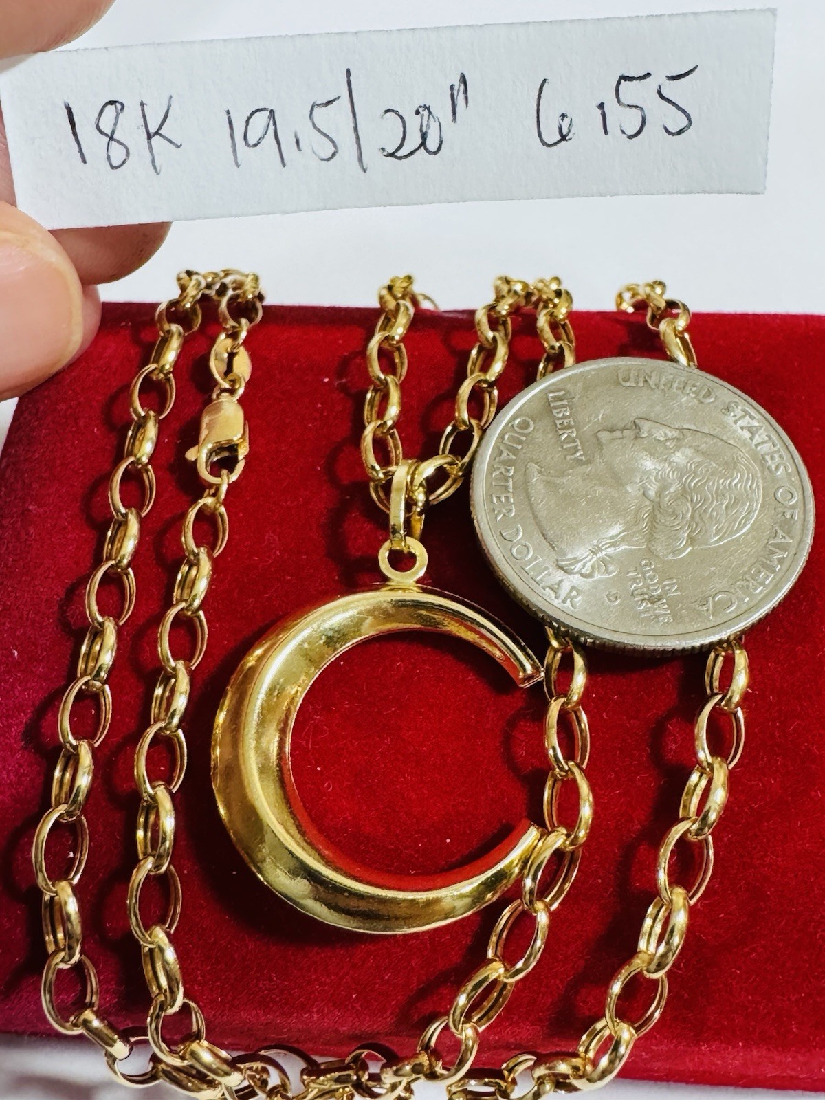18K 750 Real Gold Letter C or Half Moon Necklace 19.5/20” Long 3.8mm 6.55g